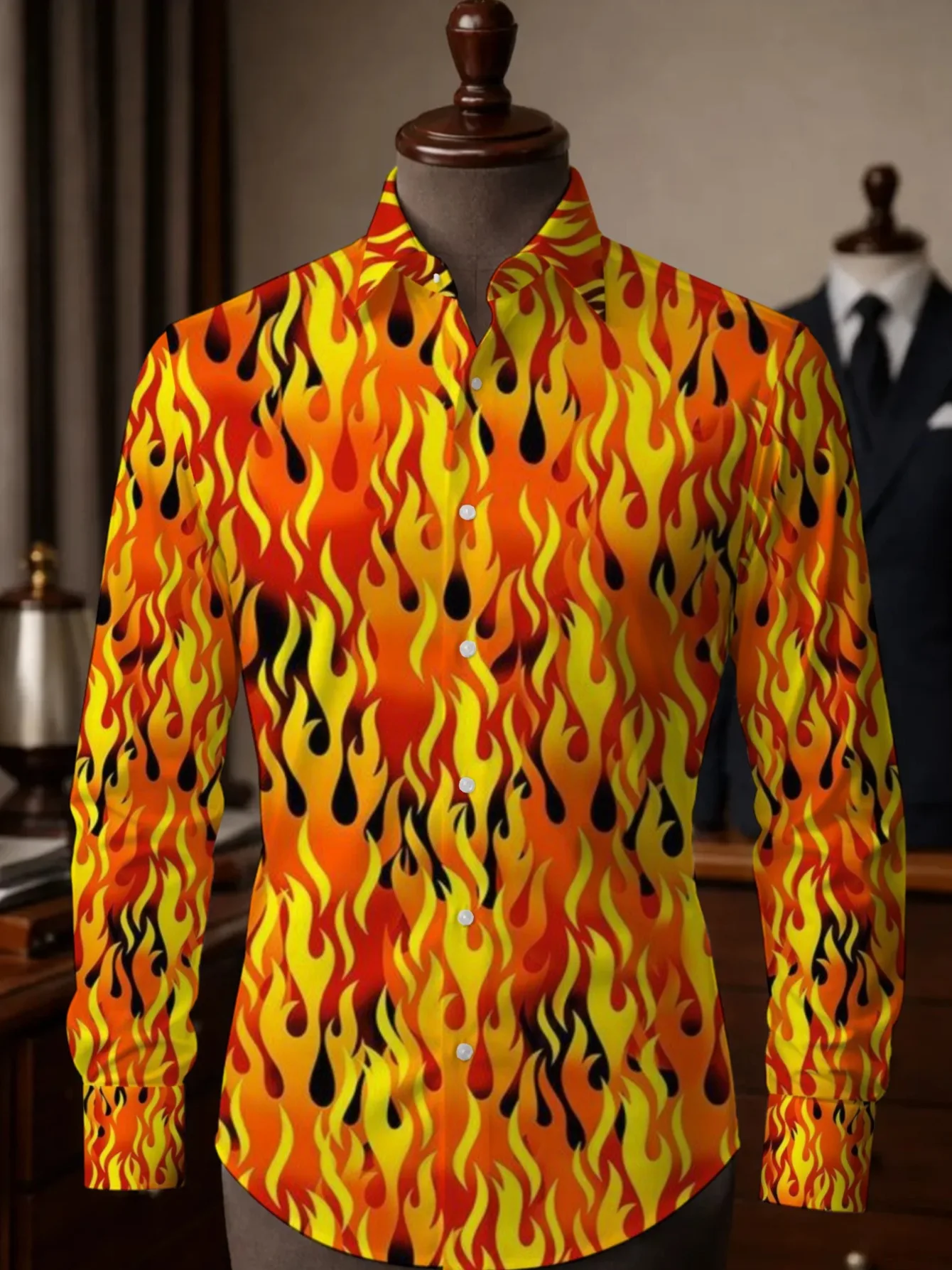 Men Long Sleeve Button Down Shirt Red Yellow Flame Fire Print Polyester Lapel Collar Party Street