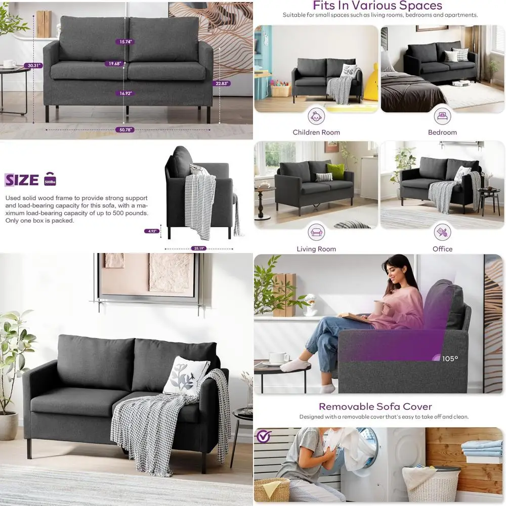 

Linen abric ern Small Loveseat Soa Couch or Living Room, 51" W Little Upholstered 2-Seater Mini Love Seats w/Iron Legs or Small