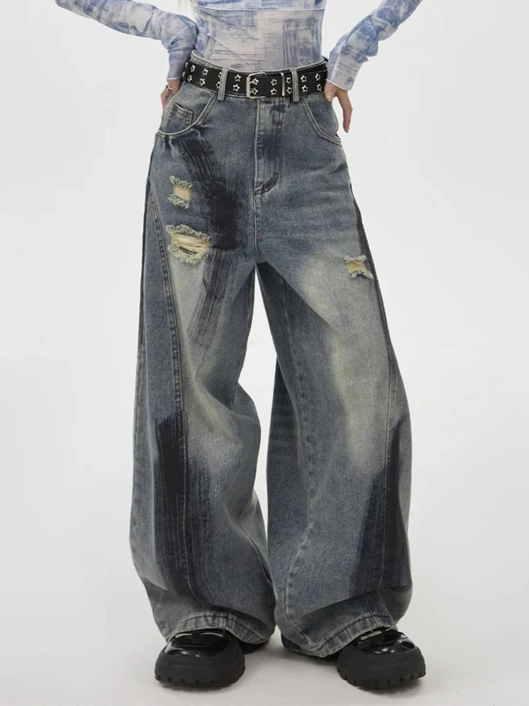 

Vintage Washed Ripped Jeans Women Retro American Straight Leg Loose Fit Lantern Wide Leg Dirty Wash Denim Pants