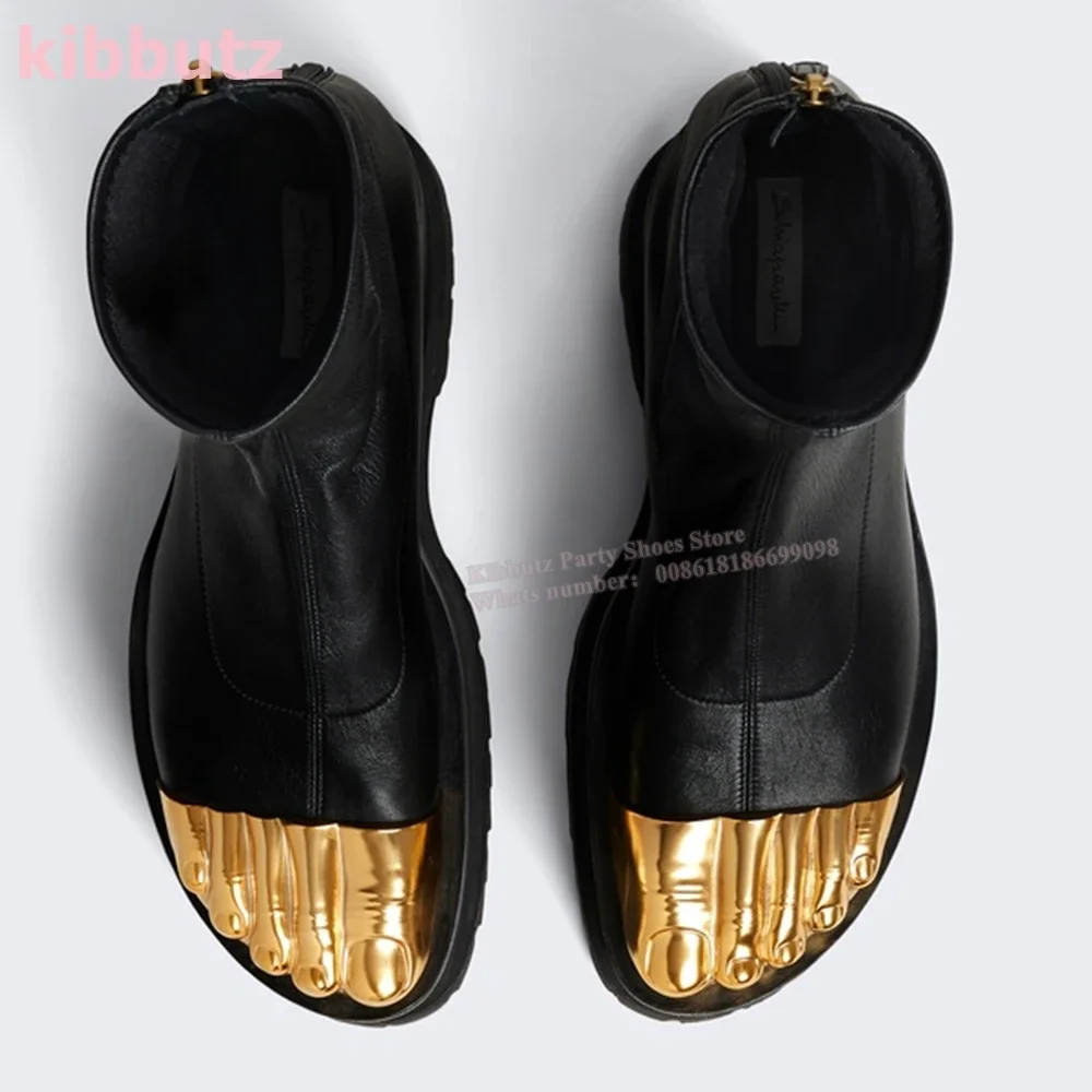 Golden Brass Ankle Boots Five Finger Platform Thin Heel Genuine Leather Back Zipper Fashion Novelty Luxury Sexy Women Shoes New