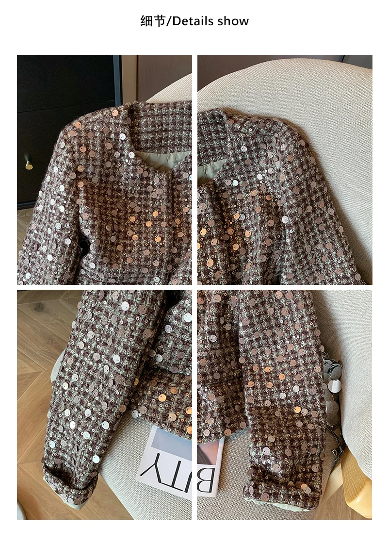 Sequined Short Jacket Women 2024 Autumn New Round Neck Single Row Commuting Coats