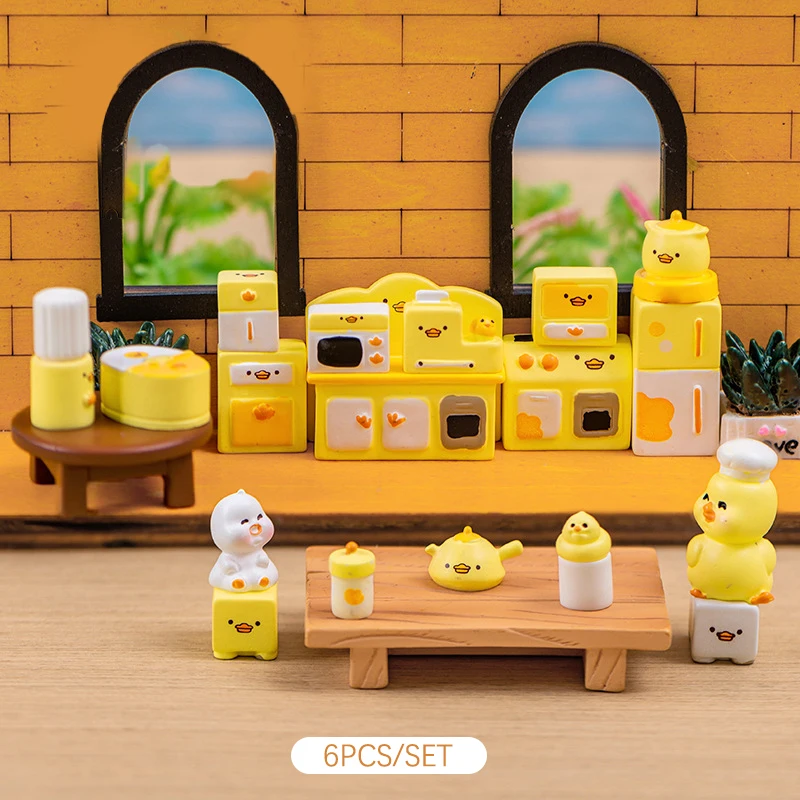 

6Pcs Cartoon Kitchen Little Duck Ornament Cabinet Refrigerator Oven Casserole Model Micro Landscape Dollhouse Miniature Toy