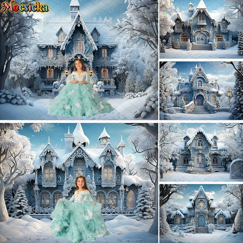 

Mocsicka Winter Christmas Background Photography Castle House Snow Xmas Tree Kid Family Portrait Decor Backdrop Photo Studio