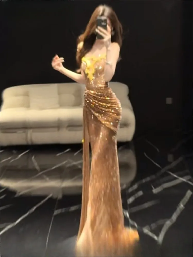 New champagne gold cocktail dress with strappy toasts