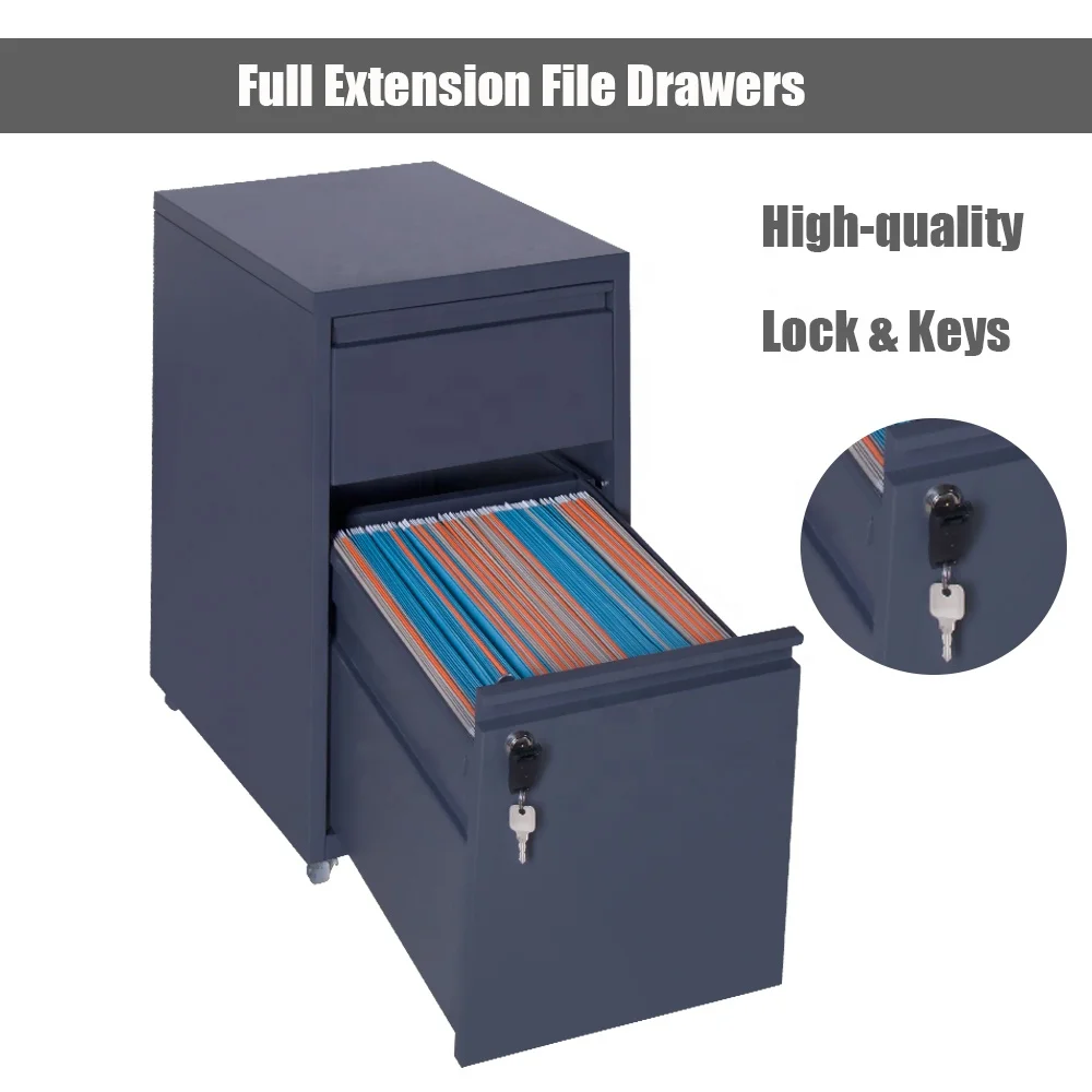 Modern Fireproof Under Desk Small 2 Drawer Filing Cabinet with Wheels Lock Key for Home Office