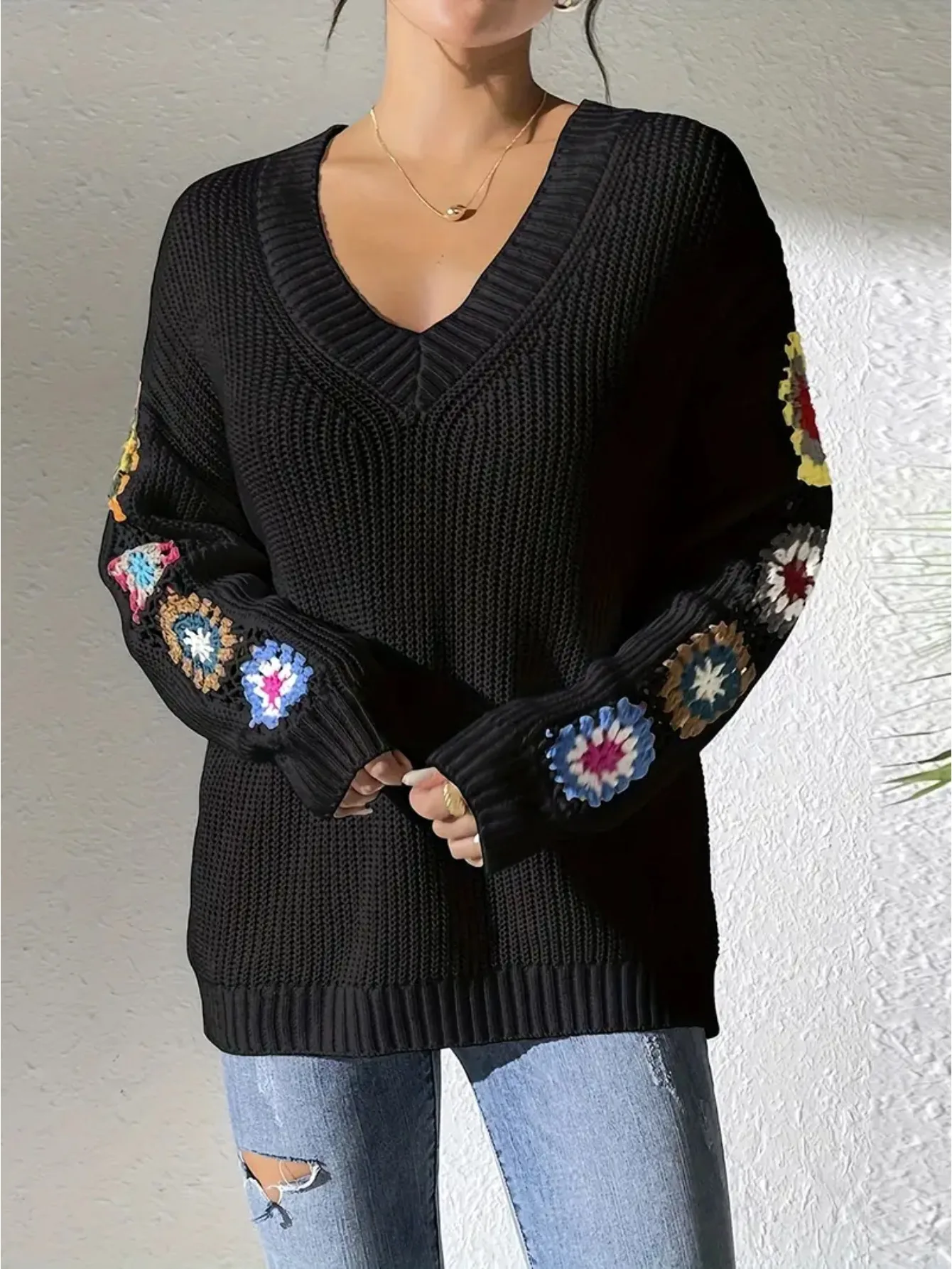 Elegant Solid Color Sweater With Embroidery Design, Unique Cuff Detail, Suitable For All Occasions