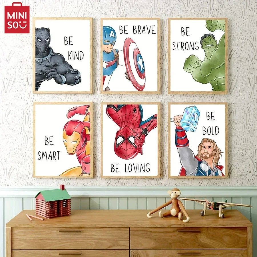 MINISO Superhero With Affirmation Quote Art Print Captain America Spider Man Hulk Panther Thor Iron Man Canvas Painting Boys