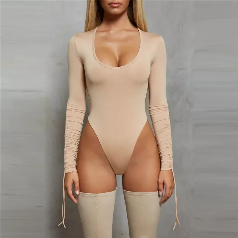 

Sexy Bodysuit Off Shoulder Strappy Perforated Hollow Tight Long Sleeve One Piece Body Top Women's Bodysuits Woman Clothing