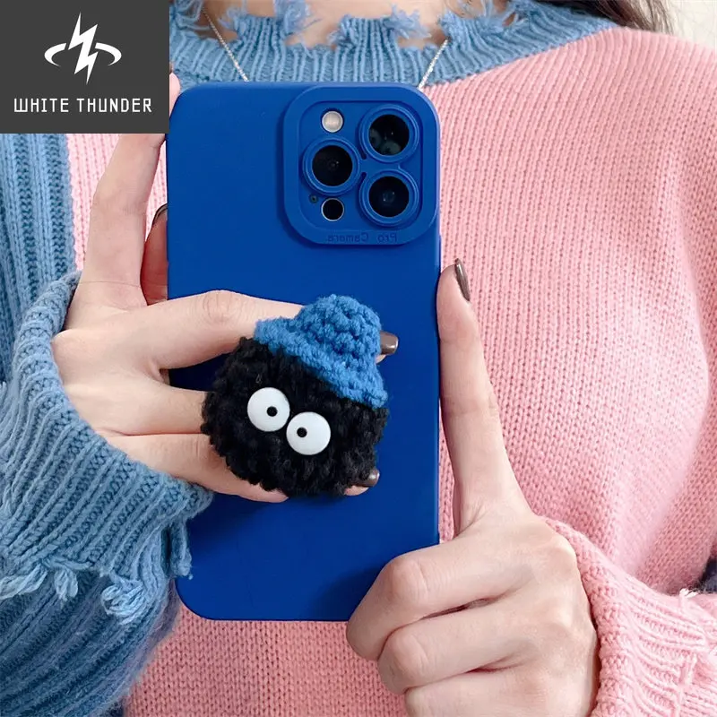 For iphone 11 12 13 Pro Max X XR Xs Max 7 8 Plus Phone Case Cute Cartoon Plush Briquettes Bracket Full Edge Anti-fall Cover