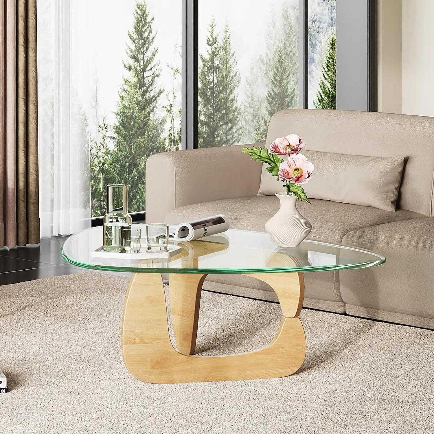 Mid-Century Triangular Coffee Table with Tempered Glass Top & Solid Wood Legs, Modern Small Living Room Center Table for Office or Reception