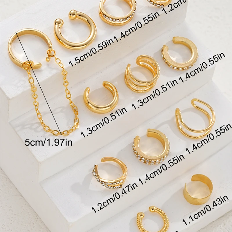 12 Stück Vintage Ohrklemmen in Goldfarbe mit Zirkonia für Damen und Herren, Nicht Durchstochene Ohrclips, Knorpel-Ohrringe, Tägliches Schmuckgeschenk – Detail 6