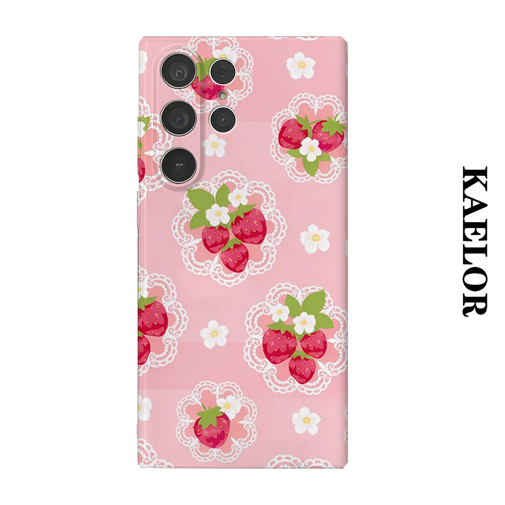 Lace Strawberry Bloom Durable Shiny Double-layer Case for Samsung S26 Ultra S25 S24 S23 Plus Anti-drop Scratch Resistant Cover
