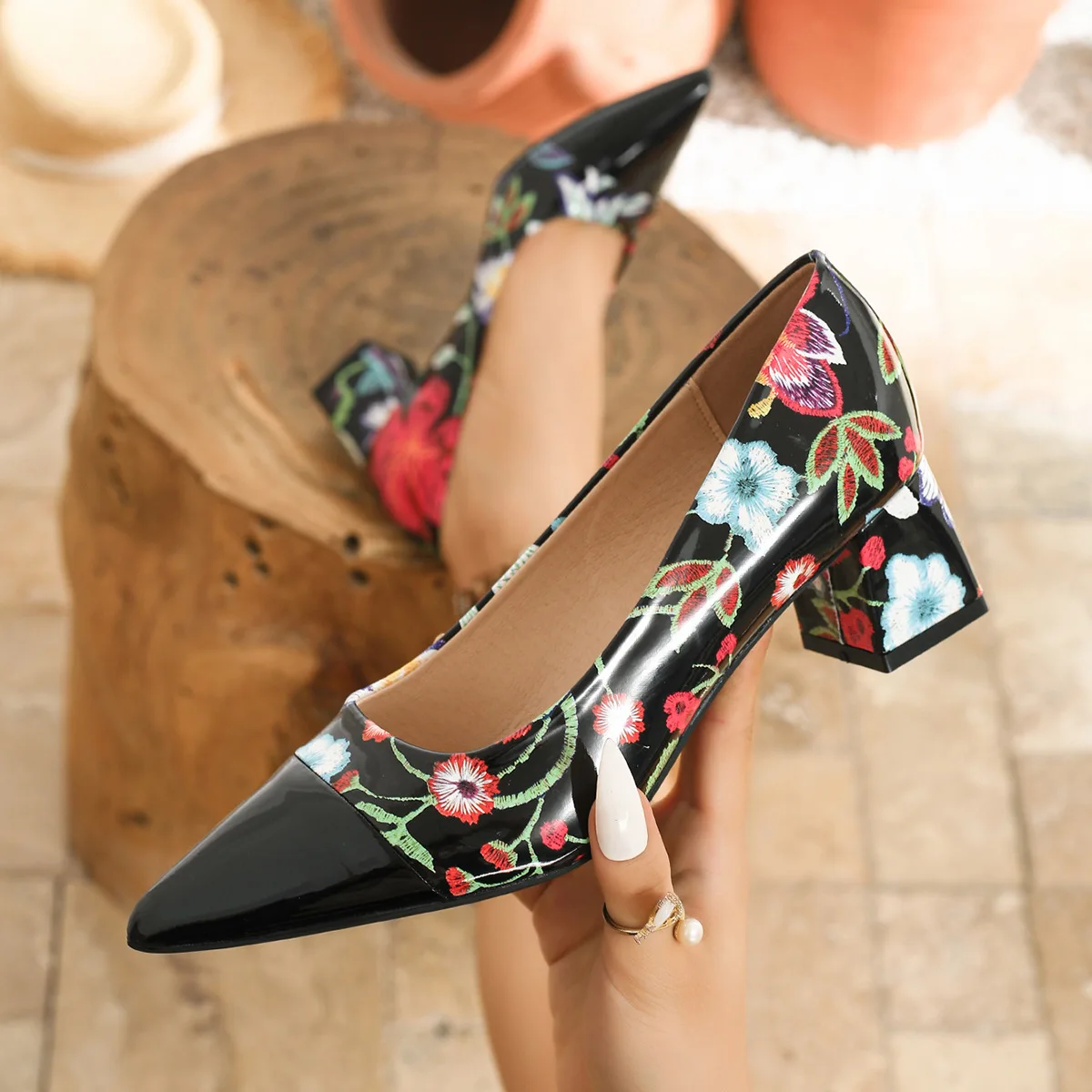 

Туфли Bloomsteps AliExpress на массивном каблуке, новые, с острым носком, на высоком каблуке, женские, с произвольным принтом и пэчворком