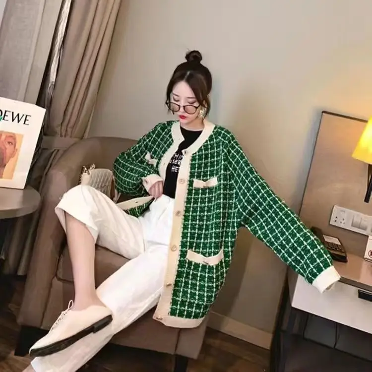 O-neck Knitting Cardigan Coat Women Autumn Winter Loose Plaid Long Sleeve Sweater Fashion All-match Office Lady Knitwear Tops