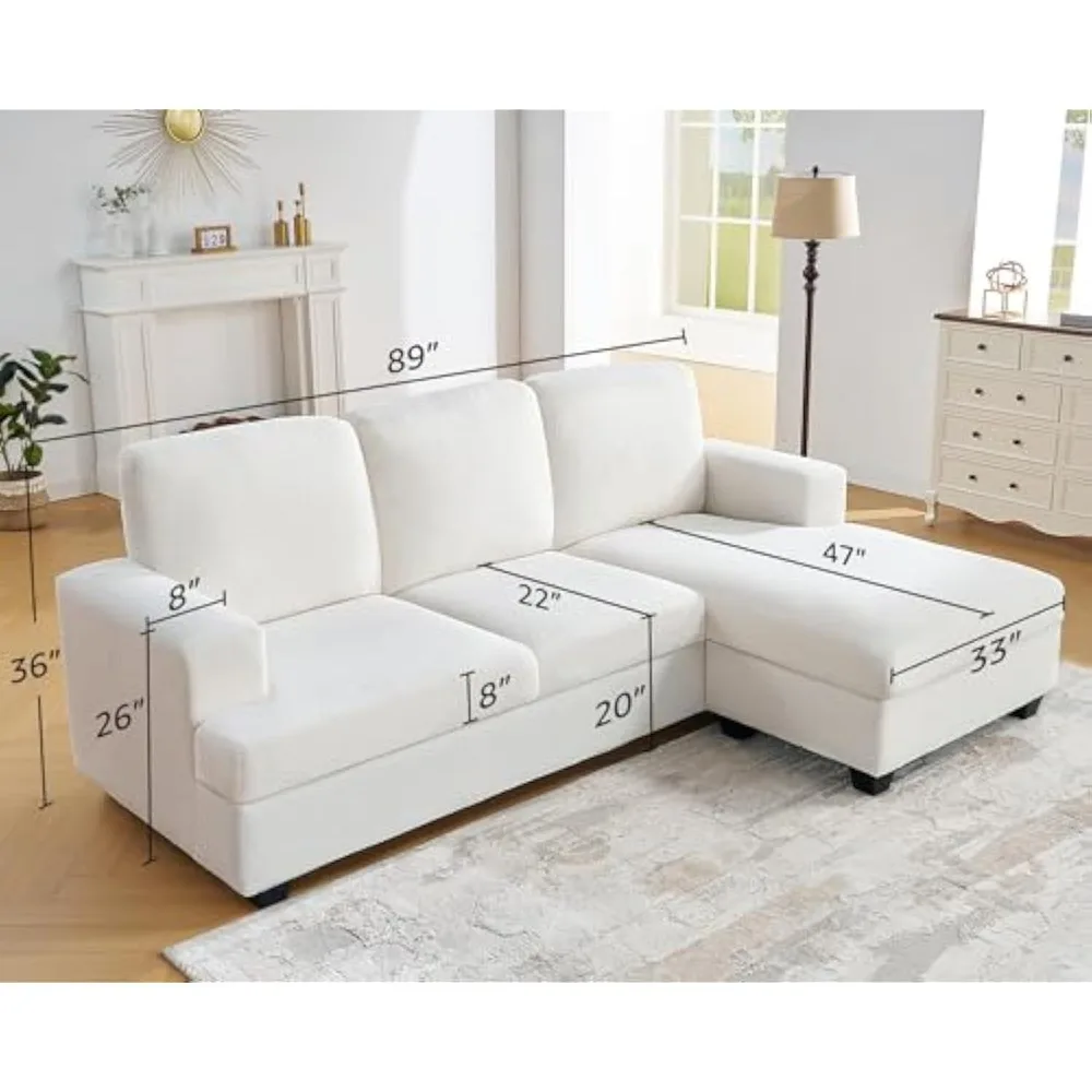 89 Inch Reversible L Shape Sofa, Convertible Sofa with Storage, L Shape Couch with Chaise, Comfy Couches for Living Room, White