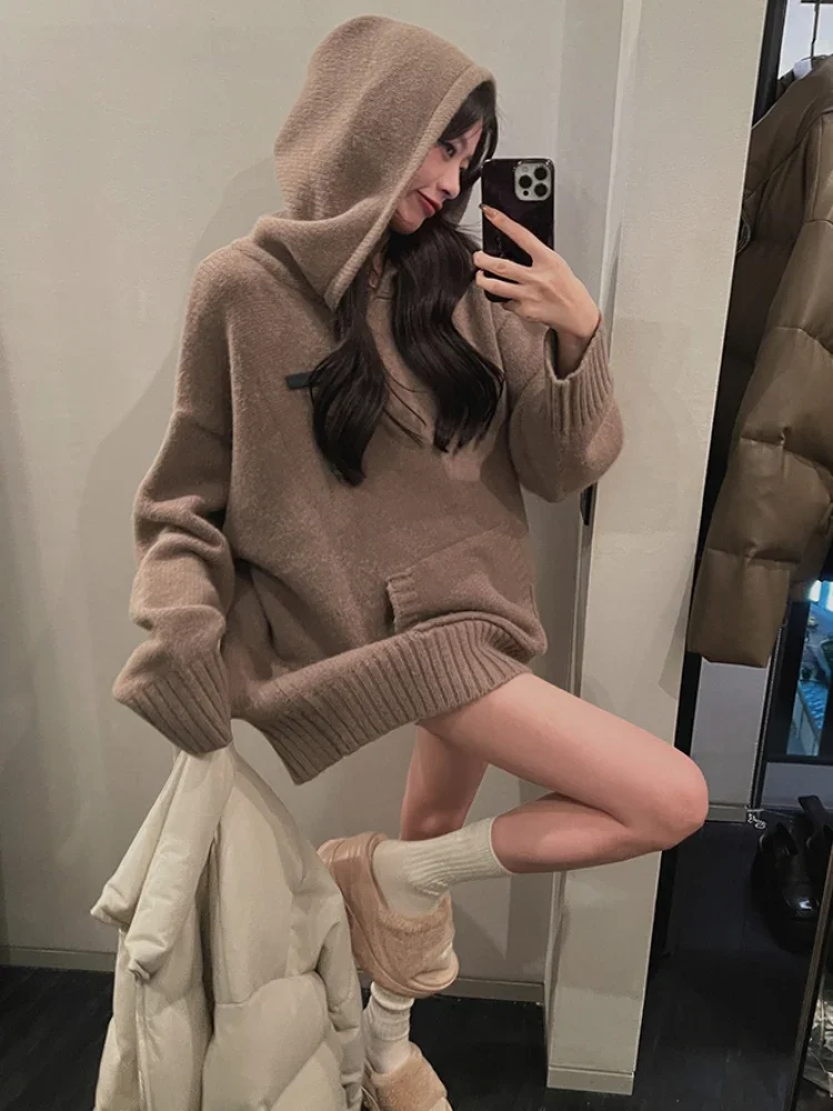 

2023 Autumn Winter Loose Hooded Clothing Woman Korean Fashion Knitted Sweater Casual Outwear Pure Color Elegant Pullover Chic