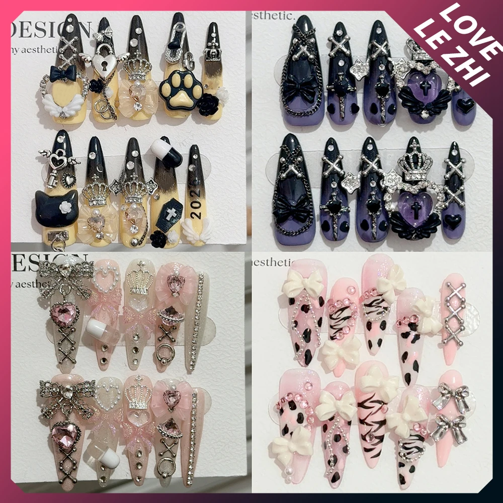 10Pcs Y2K Spice Girls Metal Butterfly Bowknot Handmade Long Stiletto Press On Nails Flower Diamond Pearl Cat Paws Fake Nail