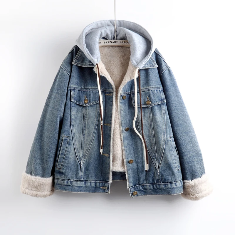 

Зимняя толстая джинсовая куртка с капюшоном из овечьей шерсти, пальто, женская ковбойская верхняя одежда, винтажные свободные короткие однотонные джинсовые куртки, женские куртки