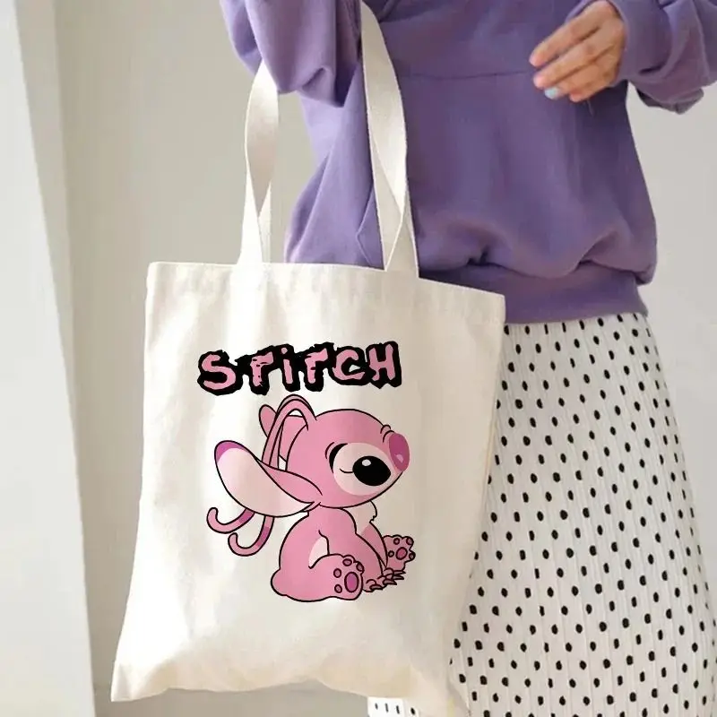 حقيبة يد MINISO Disney Stitch Printing Tote للفتيات حقيبة كتف جمالية عصرية صديقة للبيئة ذات سعة كبيرة حقائب تسوق مصممة للسفر
