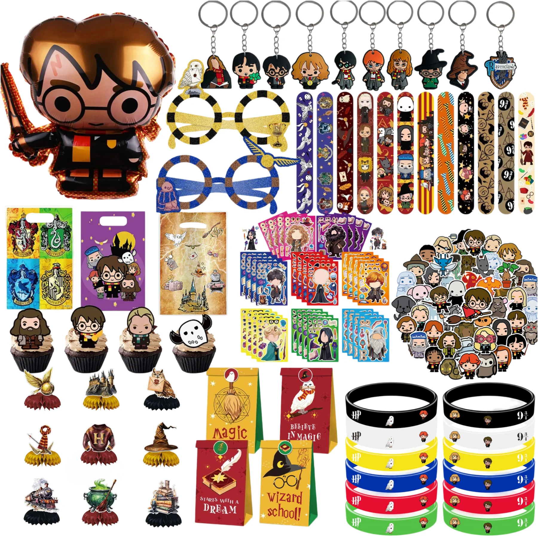Kit de Decoração de Festa de Aniversário Infantil Cartoon Magicss: Adesivos Faciais, Sacolas de Presente, Pulseiras Slap e Suprimentos Temáticos para Festas