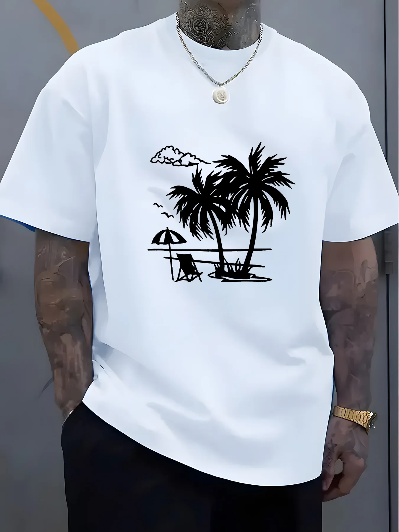 

Men'S Pure Cotton Tropical Print Crew Neck T-Shirt Casual Summer Tee with Regular Fit Adult Beach Scene Patterned Shirt