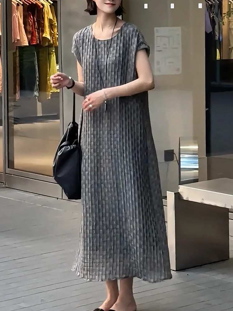 

2025 Summer New Faion round Ne Svel Chiffon Dr Women Loose Slimming Midi A-Line Skirt Korean Sle Commute Wind