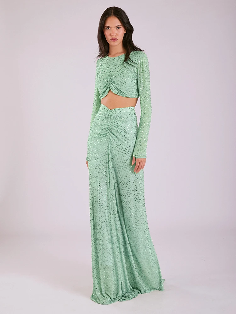 أزياء كوكتيل حزب جاذبية الترتر الأبيض المحاصيل الأعلى وتنورة مجموعة مثير ملهى ليلي ثوب مسائي بأكمام طويلة #5