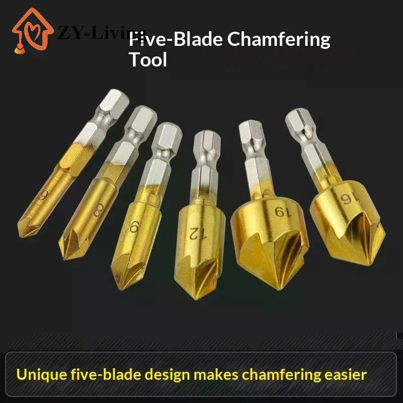 3/6Pcs Hexagonal Handle Titanium Plated Five Edge Chamfering Knife Countersunk Drill 6-19mm Woodworking Spot Facer Tool Set