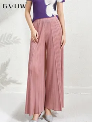 GVUW Fashion Pleated Wide Leg Pants Women Fashion Elastic Waist Loose Versatile New 2024 Solid Color Female Trousers 17G7597