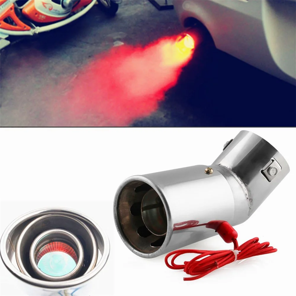 Universal Stainless Steel Car LED Exhaust Muffler Tip Pipe Red Light Flaming Tail Muffler 30-63mm Automotive Modification Access