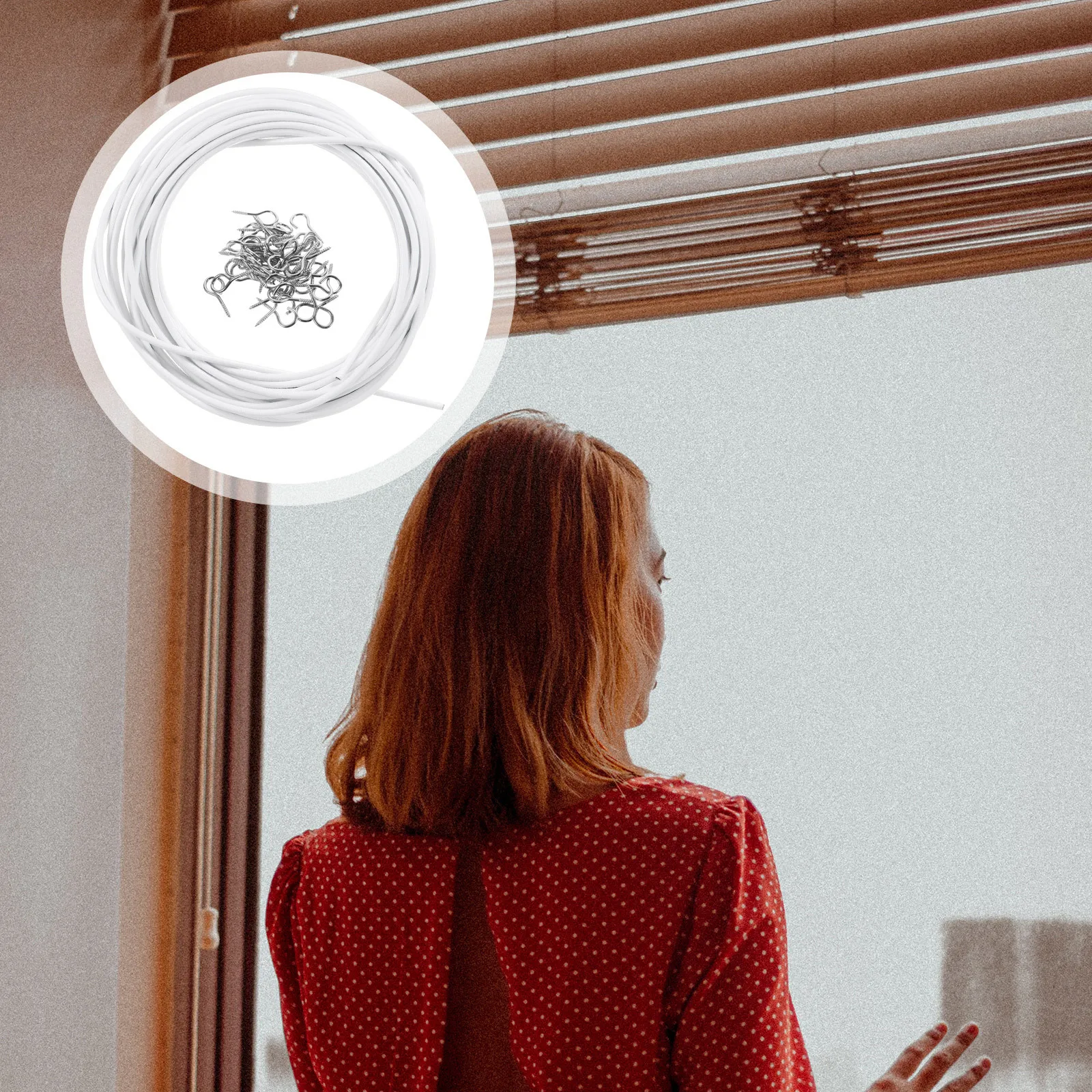 

1Set Curtain Hanging Wire Plastic Coated Rope Complete Kit Copper Zinc Alloy Rust Resistant Hooks for Window Curtains