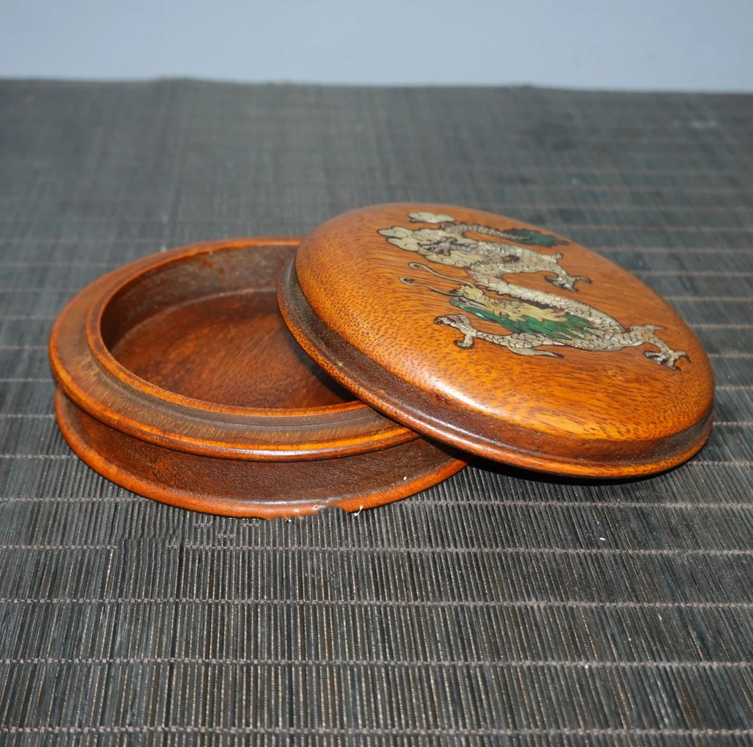 Old Collection Rosewood Inlaid Auspicious Dragon Colored Shell storage Box