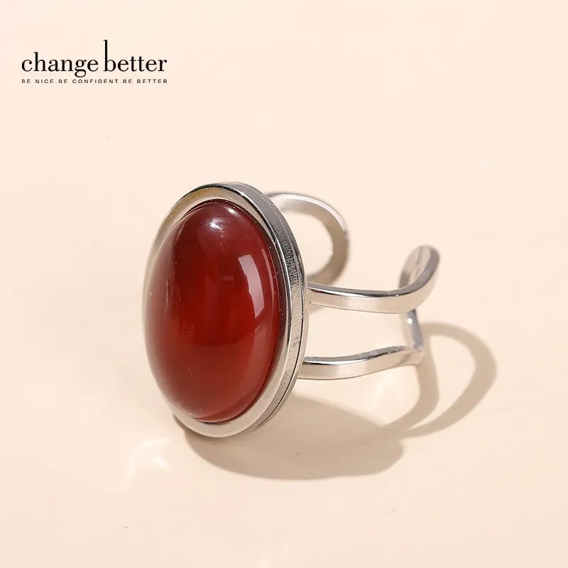 Change Better Natural Stone Red Agate Oval Shape Stainless Steel Open Ring Women Vintage Big Cabochon Adjustable Healing Rings