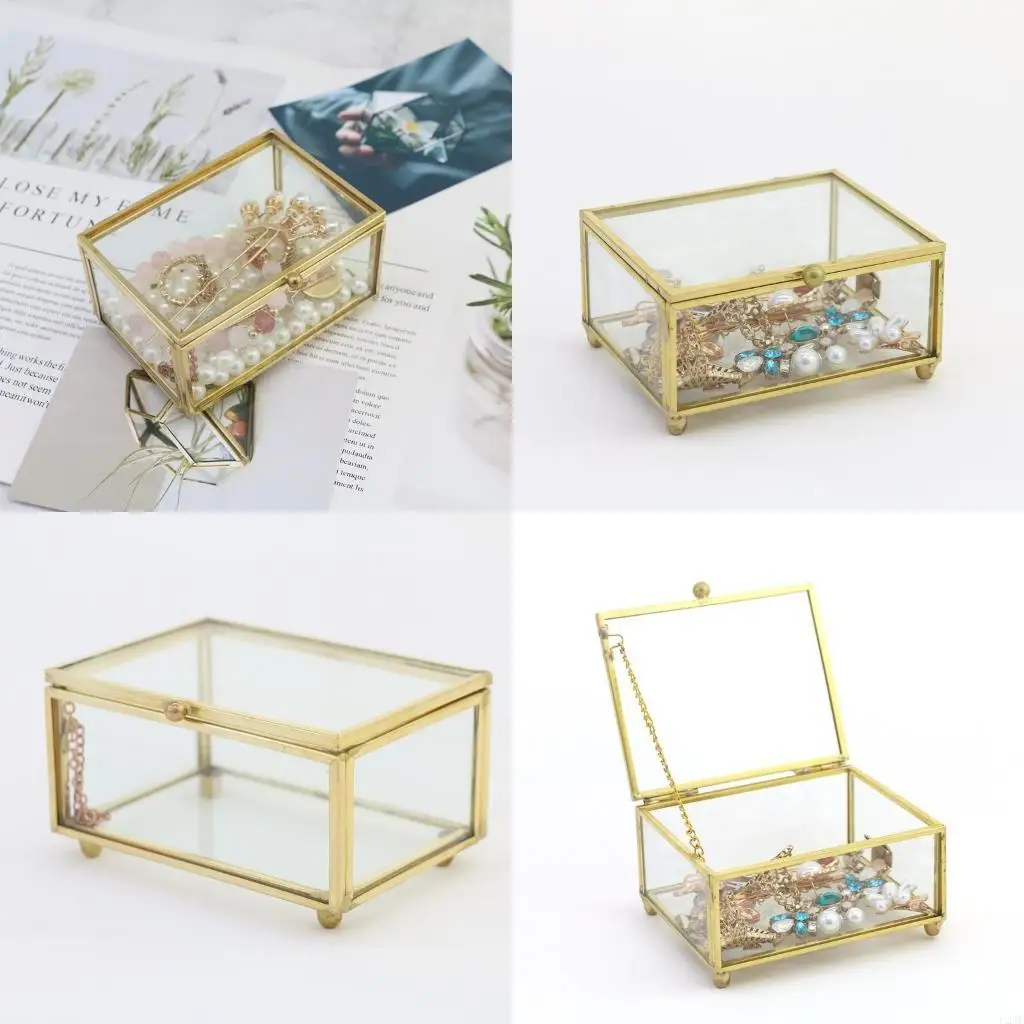 

Vintage Golden Glass Lidded Box Decorative Jewelry Keepsake Display Organizer Clear Rectangle Rings Bracelet for Case