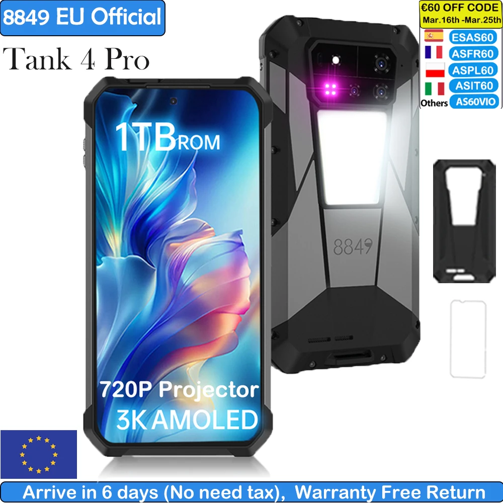 8849 Tank 4 Pro Unihertz 5G AI projecteur robuste Smartphone 1 to + 36G dimension 8300 AMOLED 3K Android 14 6.78 ''120 HZ 11600 mAh
