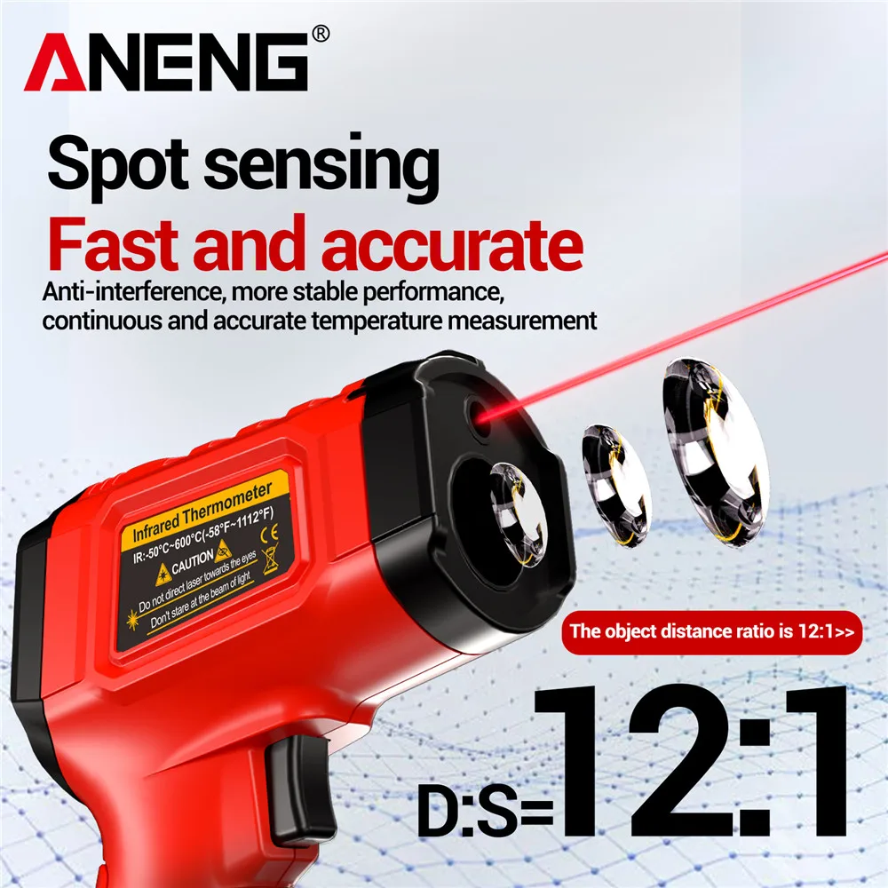 ANENG TH202 เครื่องวัดอุณหภูมิอินฟราเรดการตรวจจับแบบไม่สัมผัส -50~600 ℃   อุณหภูมิปืน LCD Backlit จอแสดงผลหน้าจอ Pyrometer Tester Meter