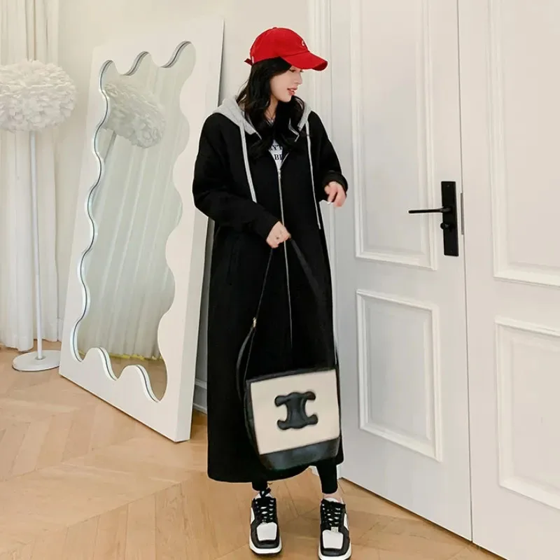 Long Loose Hooded Coat with Zipper, Commuting Hoodie, Black Jacket, Fashion Tren Over the Knee, Plus Size, Autumn and Winter, Ne