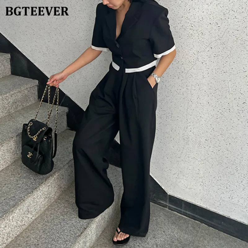 BGTEEVER Women\'s Summer Trouser Suit Elegant Blazer 2 Pieces Sets High Waist Wide Leg Pants Patchwork Jacket Outfits Ladies