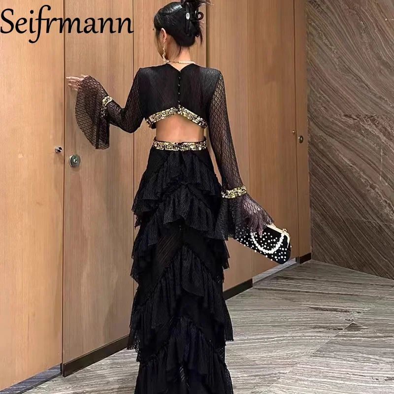 فستان استضافة مأدبة مسائية راقية من Seifrmann - فستان صيفي مطرز ومطرز بأكمام واسعة وشق وتصميم متعدد الطبقات