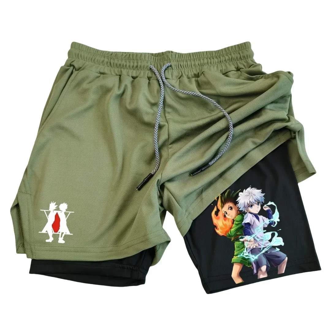 Mens 2 in 1 Running Shorts with Phone Pockets New Summer Anime Shorts Adult Double Layer Beach Pants Casual Lightweight Shorts