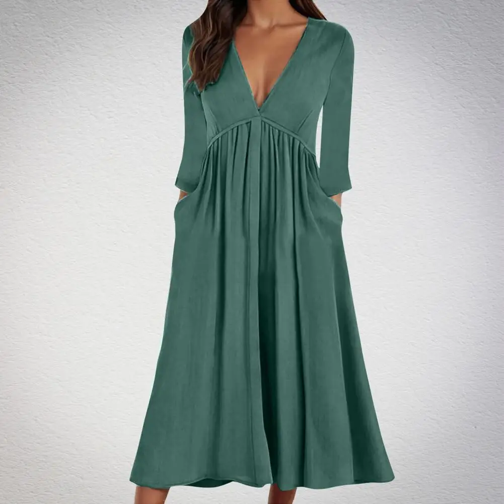 

Lightweight Dress Elegant Pleated A-line Midi Dress with V Neck Long Sleeves for Women for Fall Spring Ideal for Dating