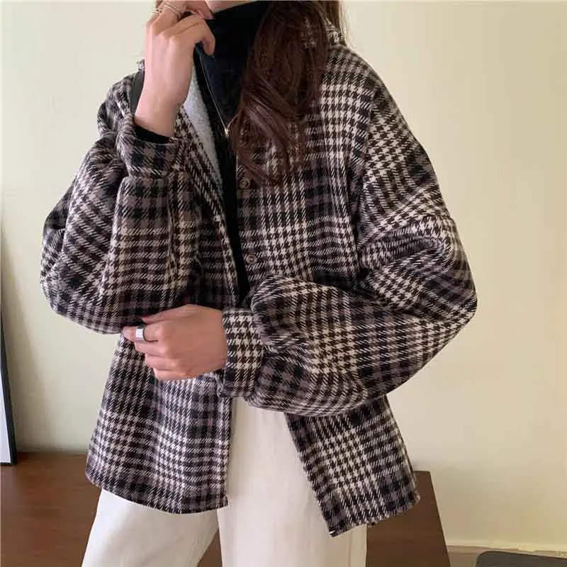 Winter Women Retro Lamb Wool Warm Plaid Shirts Winter Loose Thick Plush Lapel Casual Tops Bf Harajuku All Match Streetwear