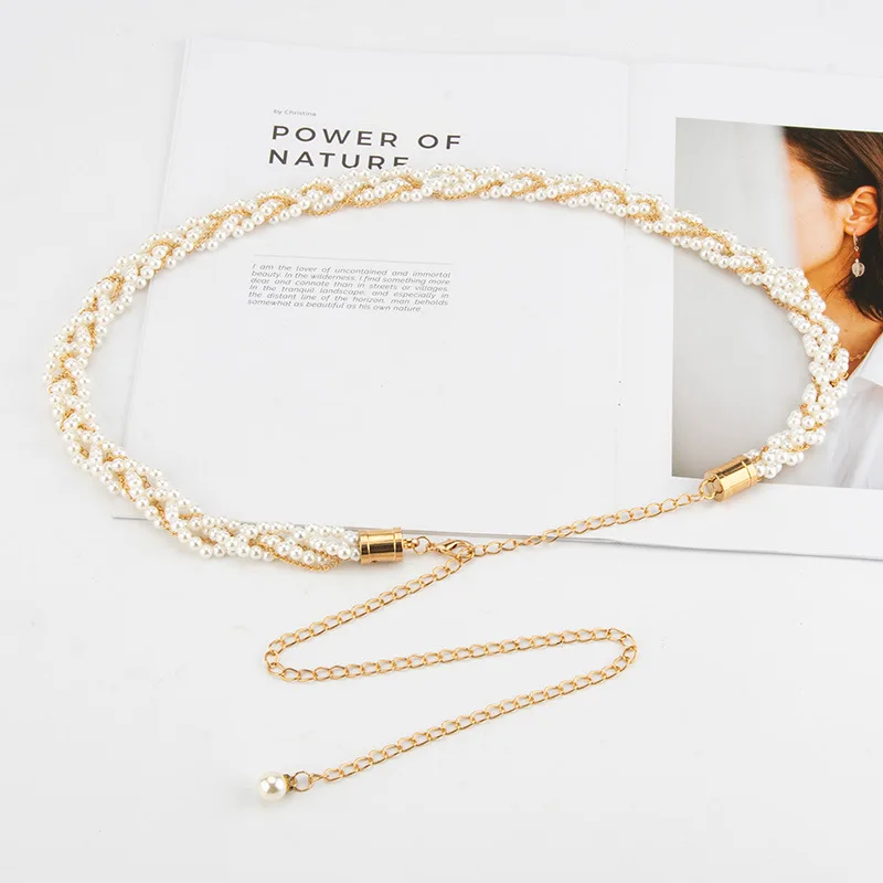 Pearl Chain Decorative Belt for Women Thin Dress Metal Waist Chain With Sweater Skirt Braided Pants Belt