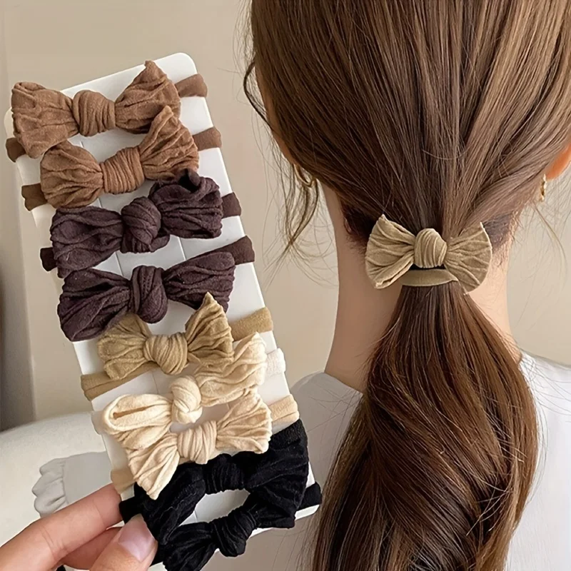 Sweet Style Bow Hair Ties Set for Women High Elasticity Fabric Ponytail Holders with Solid Color Bowknot - Minimalist Hair
