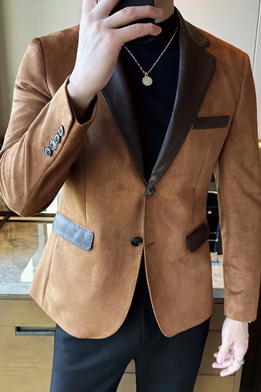 Suede Leather Stylish Blazers Mens Slim Fit Winter Fall Korean Fashionable Clothing Army Green Smoking Jackets For Men Brown New