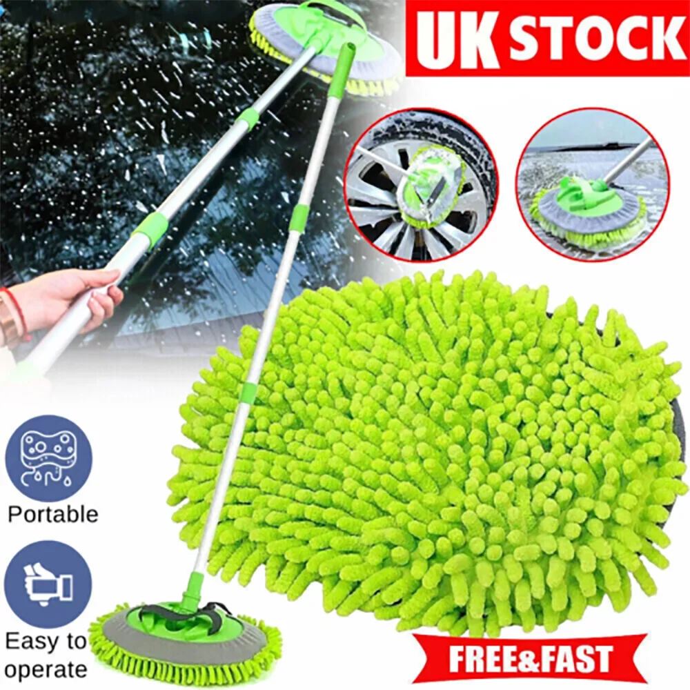 TELESCOPIC CAR CLEANING BRUSH MICROFIBER MOP WASH KIT WITH 2 REPLACEMENT HEADER