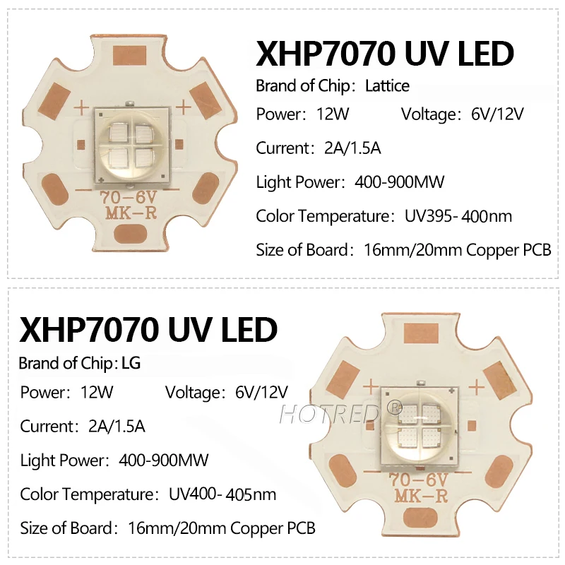 6V 12V UV LED XHP70 10W 12W LG7070 Purple Chip 395nm 400nm 405nm Phosphor Lighting For DIY 3D Printer Curing Medical Nail Dryer