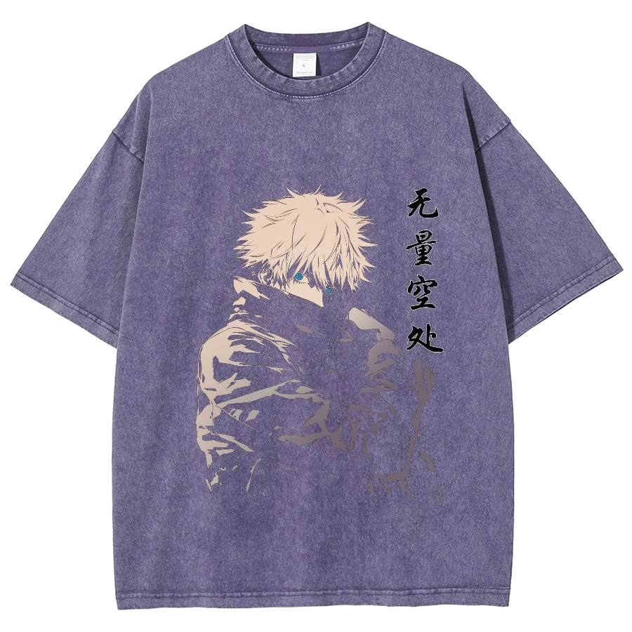 Anime Jujutsu Kaisen Y2K Unisex Washed shirt, Gojo Satoru Oversized Tshirt, Streetwear Vintage Washed Short Tshirt plus-size