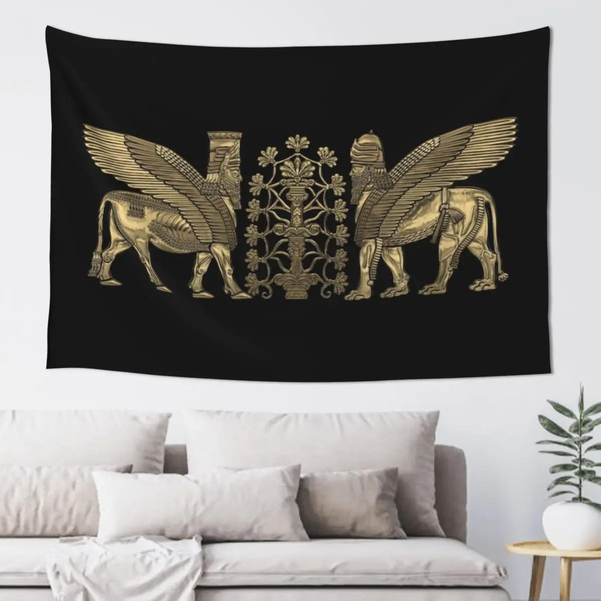 

Gold Assyrian Winged Lion and Winged Bull - Lumasi with Tree of Life over Black Canvas Tapestry Home Decoration Tapestry