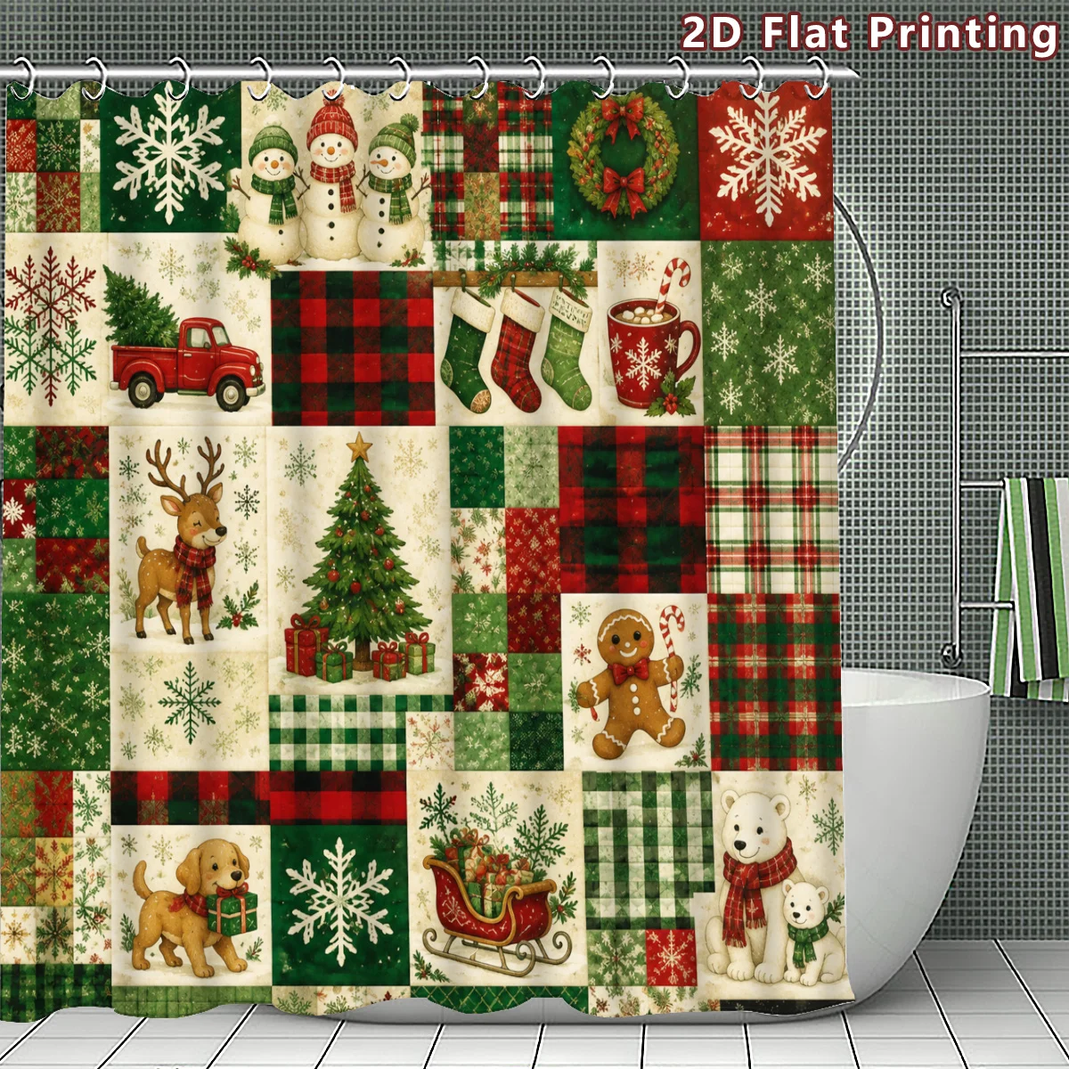 2D Flat, 1pc 2D Flat Vintage Christmas Patchwork Shower Curtain, Bathroom Decor, Multi-Size Options (31.5x70.87inch, 47.24x70.87inch, 59.06x70.87inch, 70.87x70.87inch, 70.87x78.74inch, 94.49x78.74inch) Includes Hooks, Bathroom Accessories